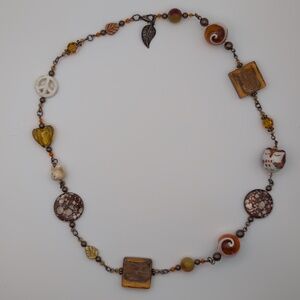 Handmade Rust & Cream Glass & Copper Bead Necklace - Artisan Jewelry 22"